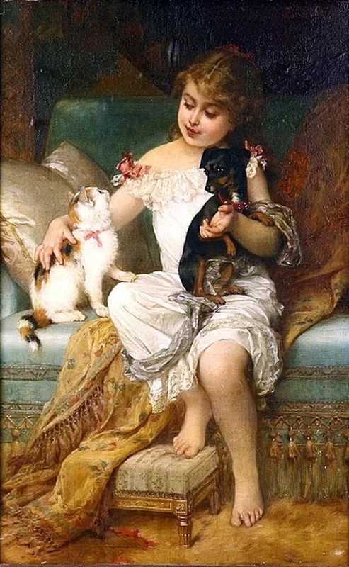 Ragazza con gattino e cucciolo